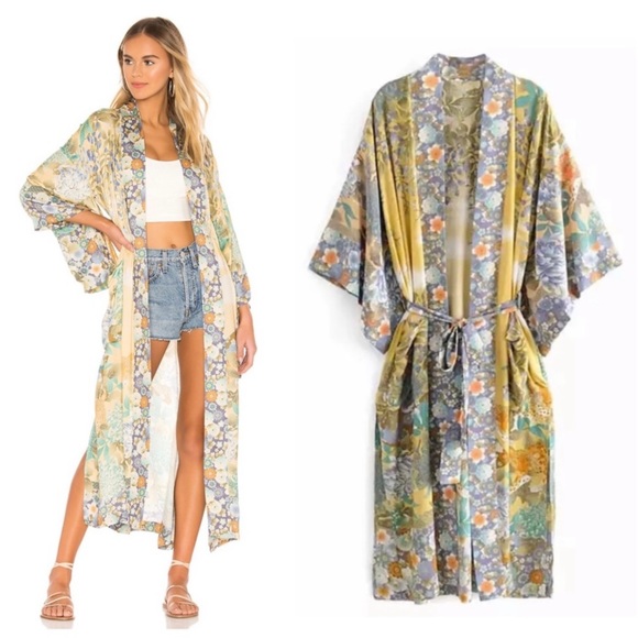 🌸 BOHO KIMONO ROBE COVER DUSTER KAFTAN LONG MAXI FLORAL BOHEMIAN PASTEL FLOWER - Picture 7 of 8